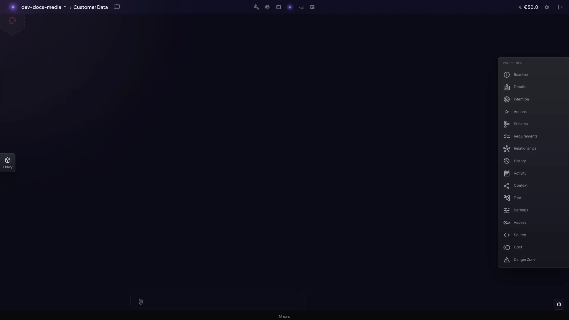 Hex canvas with the Data category hover card open in a logged-in Triform workspace.